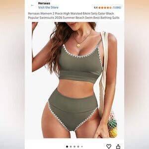 Olive Ribbed High-Waist Bikini Set with Lace Trim
